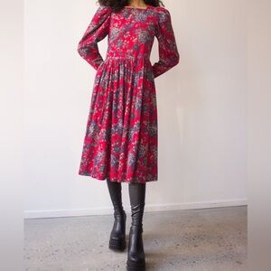 Laura Ashley Vintage 80s Cottagecore Floral Corduroy Puff Long Sleeve Dress